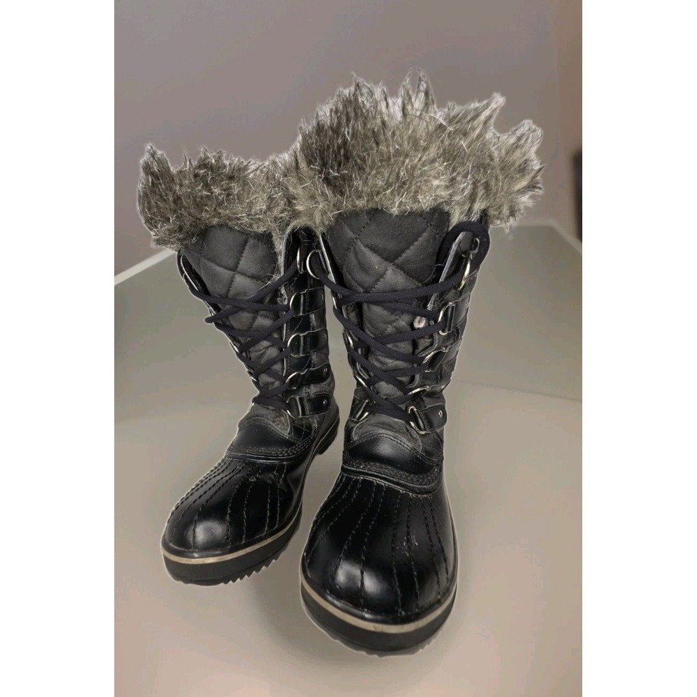 Sorel Tofino Black Grey Quilted Faux Fur Trim Waterproof Winter Snow Boots
